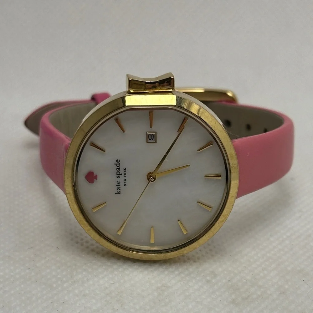 Kate Spade Park Row Watch Gold-tone Case Mother of Pearl Dial Pink Leather Band - Picture 10 of 10